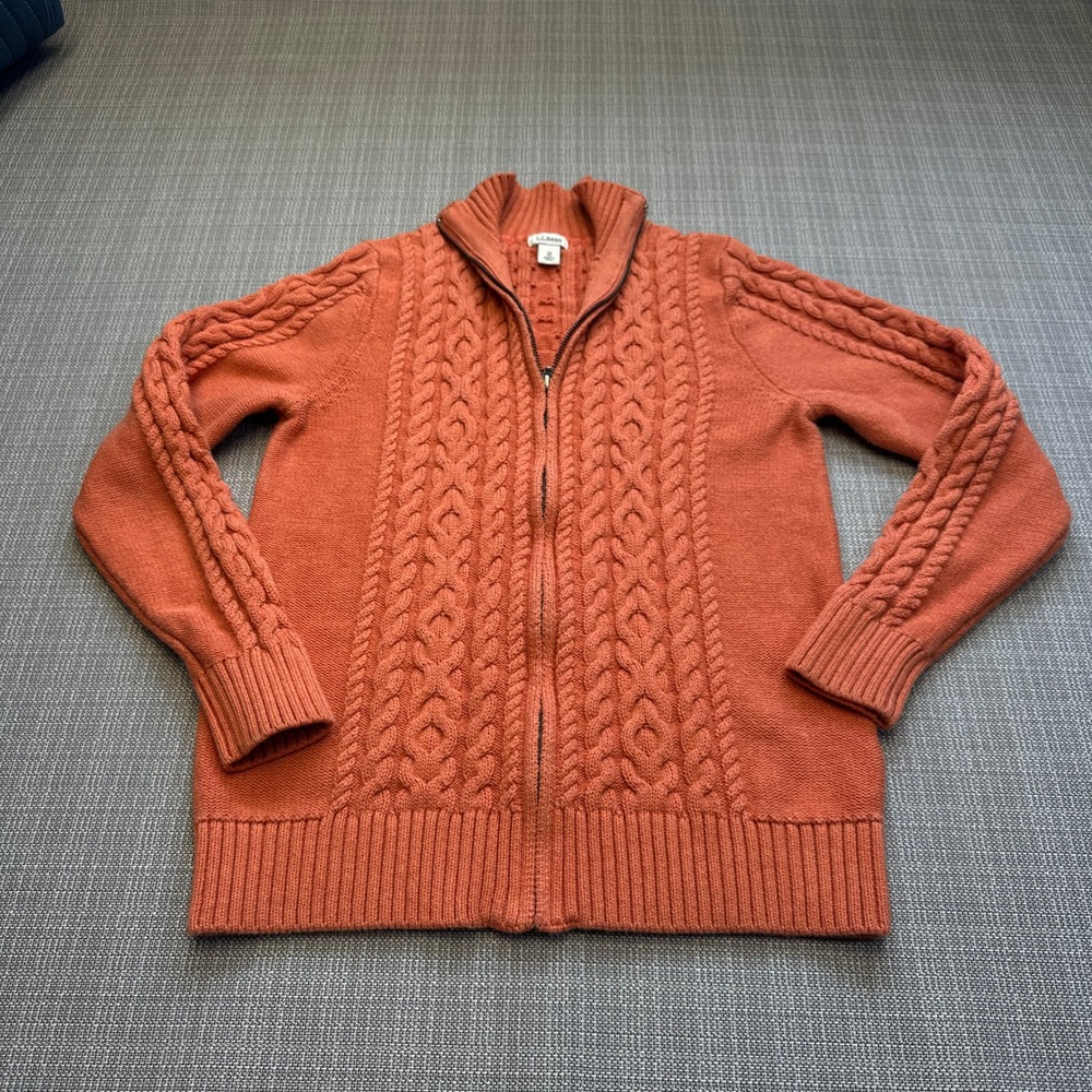 LL Bean Cable Knit Sweater Womens Medium Full‎ Zip Burnt Orange Jacket Cardigan